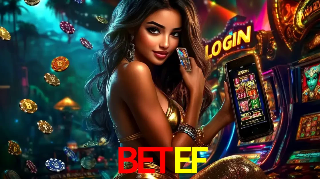 Mulher em um cenário de cassino temático de aventura, mostrando o app de caça-níqueis da BETEF no celular. Fichas de apostas flutuam ao redor.