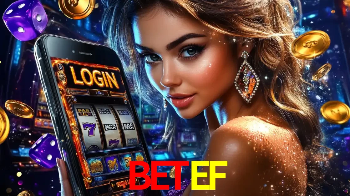 Mulher glamorosa segurando um smartphone com a tela de login para os jogos de caça-níqueis do cassino online BETEF, com moedas de ouro e dados ao redor.