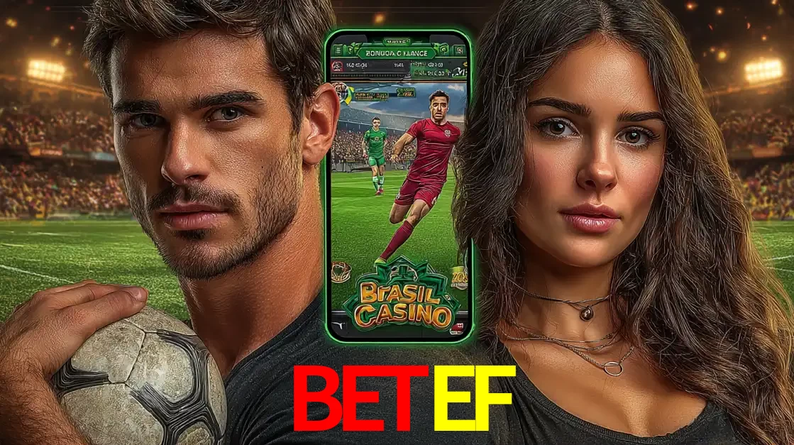 Homem segurando uma bola de futebol e uma mulher ao lado de um smartphone exibindo o jogo de apostas esportivas da BETEF. Faça seu palpite no cassino online.